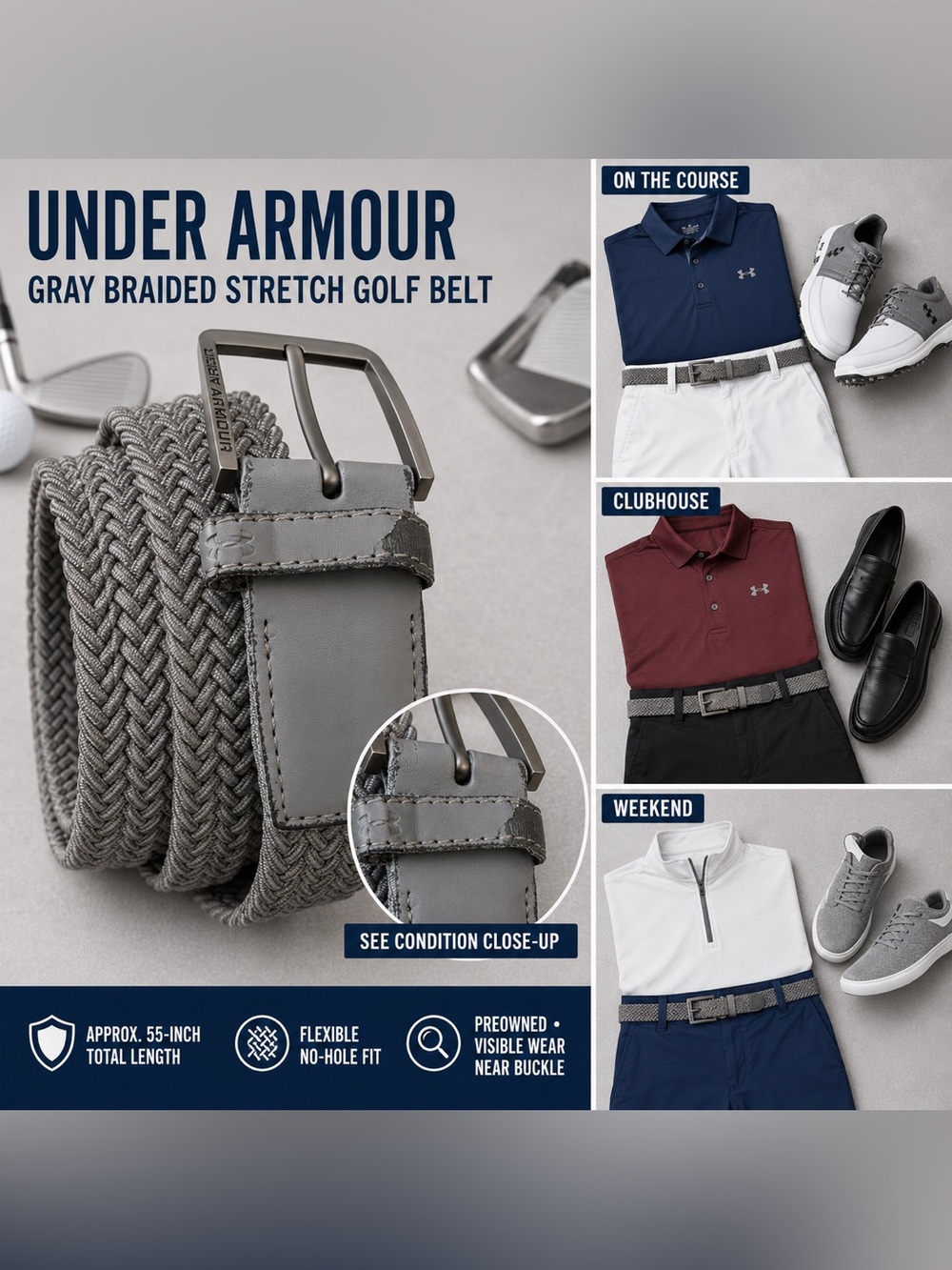 Under Armour Gray Braided Stretch Golf Belt Approx 55 Inch